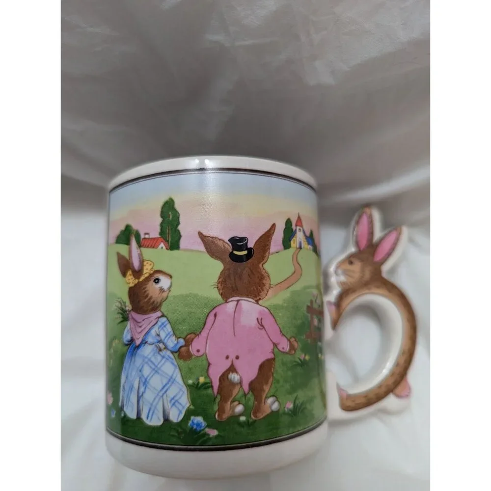 VTG Japan Bunny‎ Mug Mr & Mrs Bunny - bunny shaped handle unique colorful spring